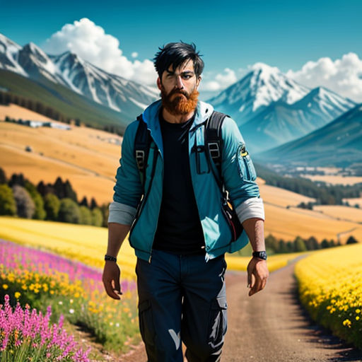 a man with a beard walking down a dirt road in a field of flowers and mountains in the background