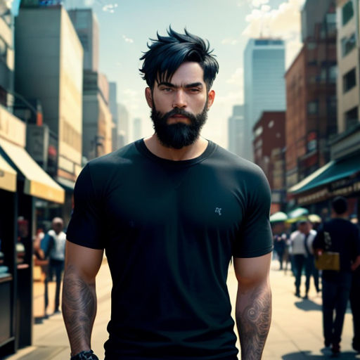 a man with a beard and a black shirt on a city street with people walking around him and buildings in the background