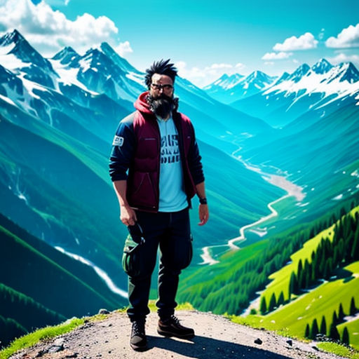 a man standing on a mountain top with a beard and a beard in the mountains with a blue sky and clouds