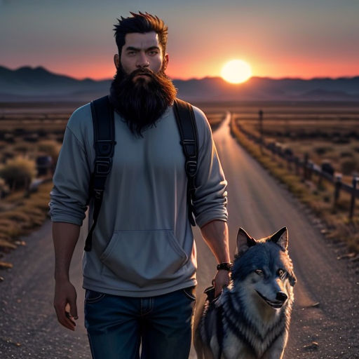 a man walking a dog down a road at sunset with the sun in the background and mountains in the distance
