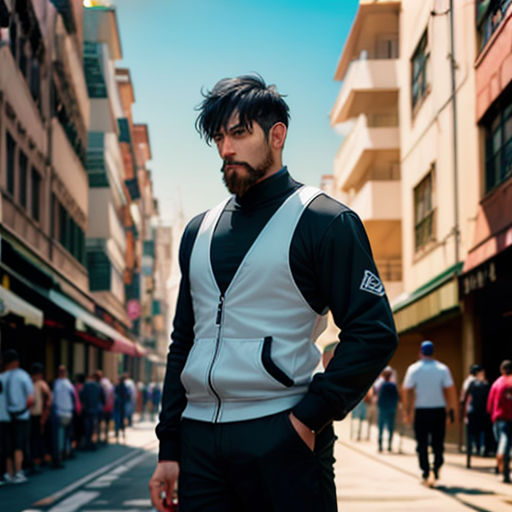 a man standing on a street corner with his hands in his pockets and a beard in his hair, wearing a black and white jacket and black outfit