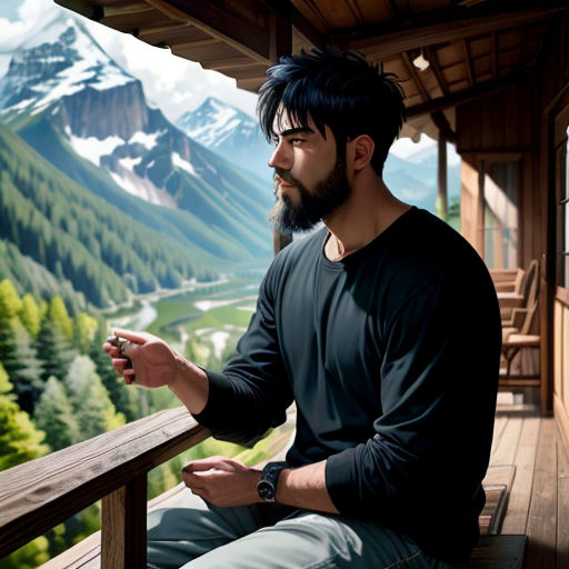 a man sitting on a porch with a mountain view in the background and a mountain range in the distance