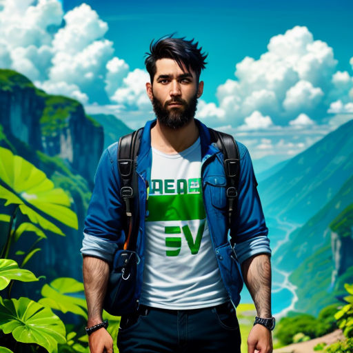 a man with a backpack standing in front of a mountain landscape with a green and blue shirt on and a blue sky with clouds