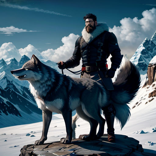 a man standing on top of a rock next to a wolf in the snow with mountains in the background