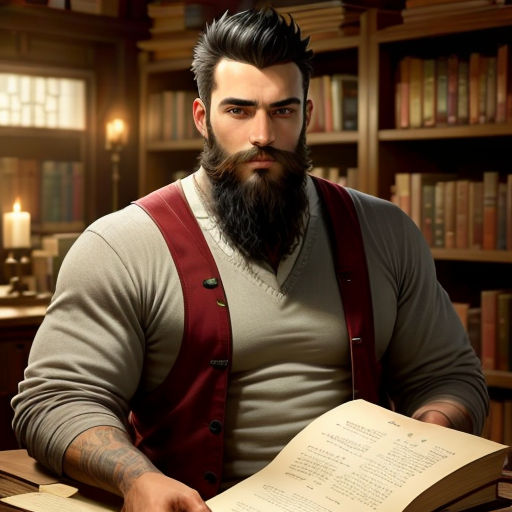 a man with a beard and a beard holding a book in his hands and sitting at a desk in a library