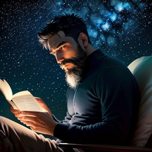 a man sitting in a chair reading a book with a sky full of stars behind him and a book in his lap