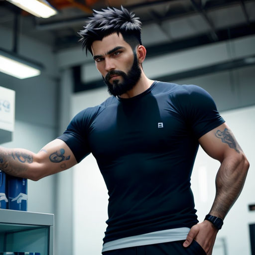 a man with a beard and tattoos standing in a room with a shelf of water bottles and a towel