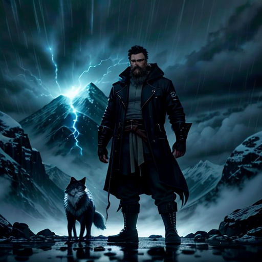 a man standing next to a wolf in the rain with a lightning behind him and a mountain in the background