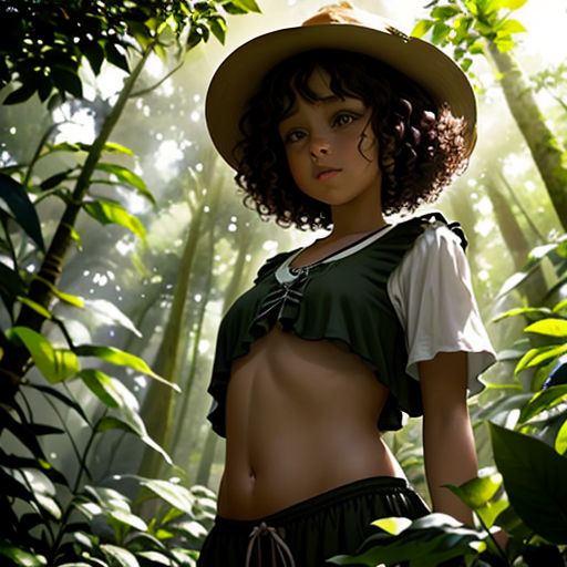 a woman in a hat standing in the woods with a lot of trees behind her and a lot of leaves