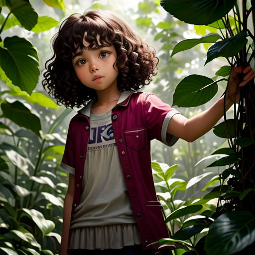 a young girl standing in a jungle with a bush in her hand and a bush in her other hand
