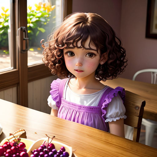 a little girl sitting at a table with a bowl of fruit on it and a plate of cherries