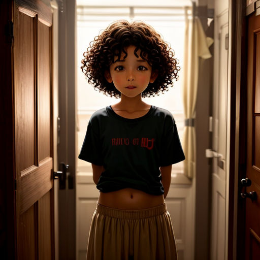 a young girl standing in a doorway with her hands on her hips and looking at the camera with a serious look on her face
