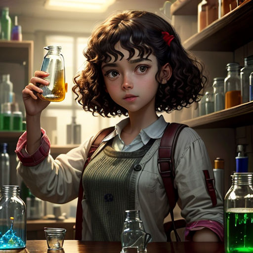 a girl holding a glass bottle in a laboratory with many bottles of liquid in it and a light shining on the wall