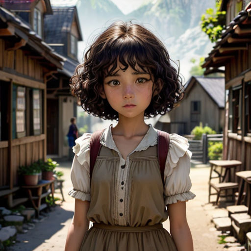 a young girl in a dress standing in front of a village with mountains in the background and a mountain range in the distance