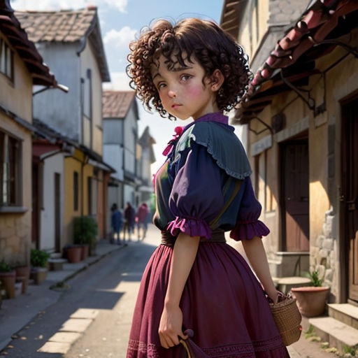 a doll is standing on a street corner with a basket in her hand and a house in the background