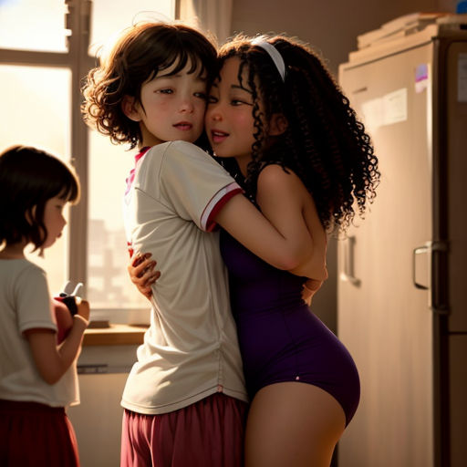 two girls hugging each other in a kitchen with a refrigerator in the background and a window in the background