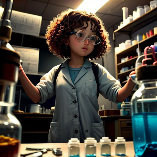 a young girl in a lab coat holding a beakle and looking at a bottle of liquid in a laboratory