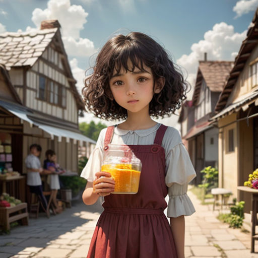 a little girl holding a jar of orange juice in a village street with people walking around the area and a building with a roof