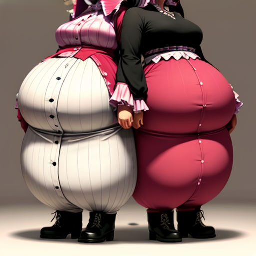 a woman in a pink dress and a man in a black shirt are standing next to each other with a giant fat belly