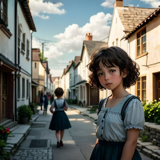 a young girl standing on a sidewalk in a village with other people walking by her and a man walking down the street