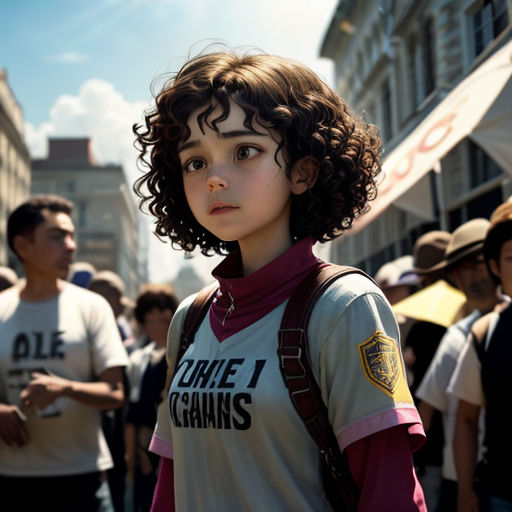 a young boy with curly hair standing in front of a crowd of people in a city street with a sign that says, charlie 1 chains