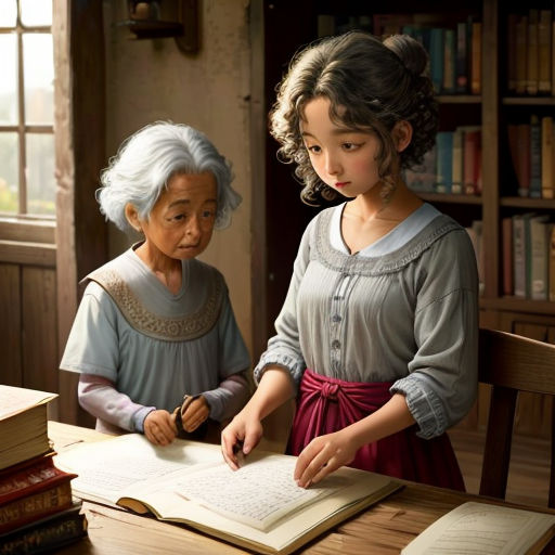 a painting of two women sitting at a table with books and a pen in their hands, one of them is writing