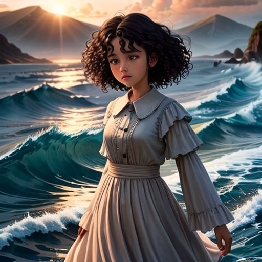 a painting of a woman in a dress standing in the ocean with waves and mountains in the background,