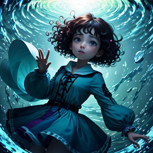 a girl in a blue dress is standing in a circle of water with her hand up to her face