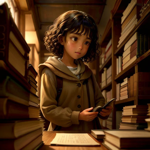 a little girl standing in a library with a book in her hand and looking at a book on a table
