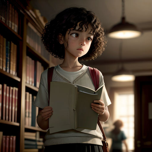a young girl holding a book in a library with a book case in the background and a book shelf full of books