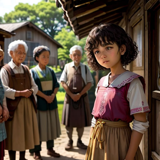 a group of people standing around a wooden building with a little girl in a dress on the front of the building