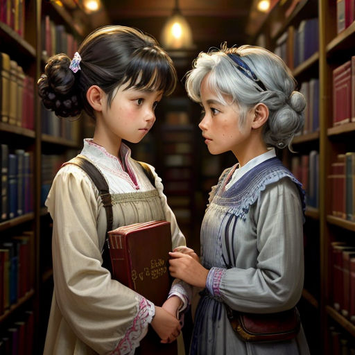two young girls standing in a library looking at each other's books, with a bookcase full of books behind them