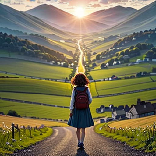 a woman walking down a road towards a valley with a sunset in the background and a road leading to a village