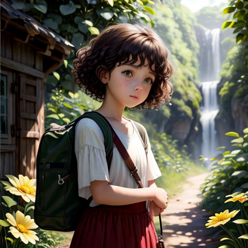 a painting of a girl with a backpack standing in front of a waterfall and flowers in the foreground