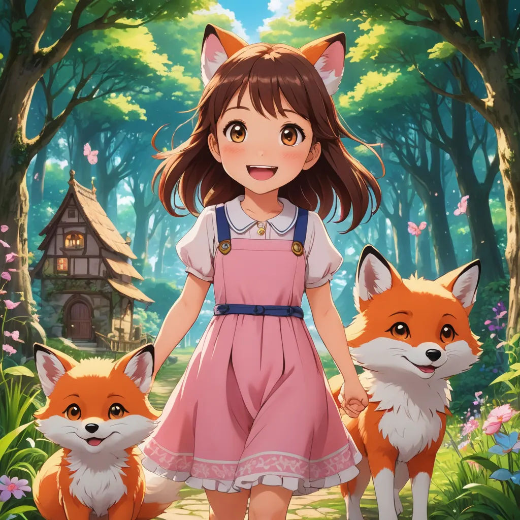 a girl in a pink dress standing next to two foxes in a forest with a house in the background, furry art, concept art, Anne Said, official art