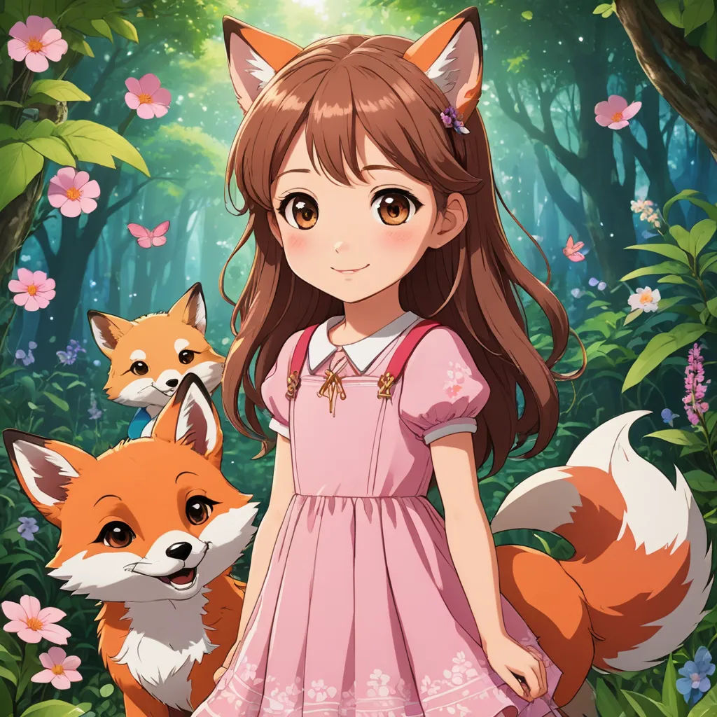 a girl in a pink dress standing next to a fox in a forest with flowers and butterflies on the background, furry art, a character portrait, Anne Said, official art