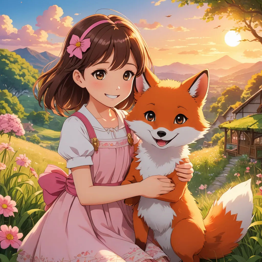 a girl holding a fox in a field of flowers at sunset with a house in the background and a pink flowered field, furry art, a fine art painting, Anne Said, official art