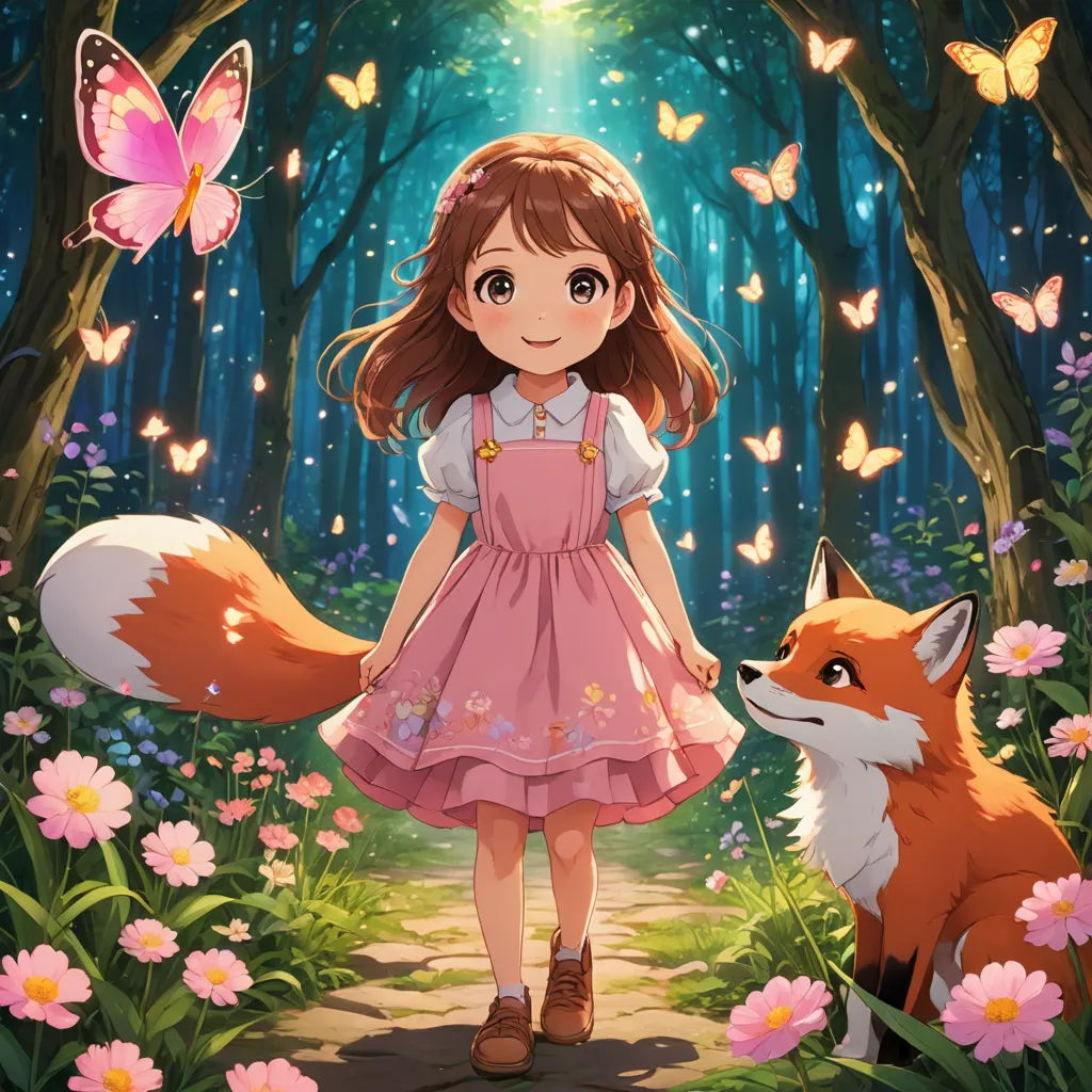 a girl in a pink dress standing next to a fox in a forest with butterflies on it's wings, furry art, a storybook illustration, Anne Said, official art