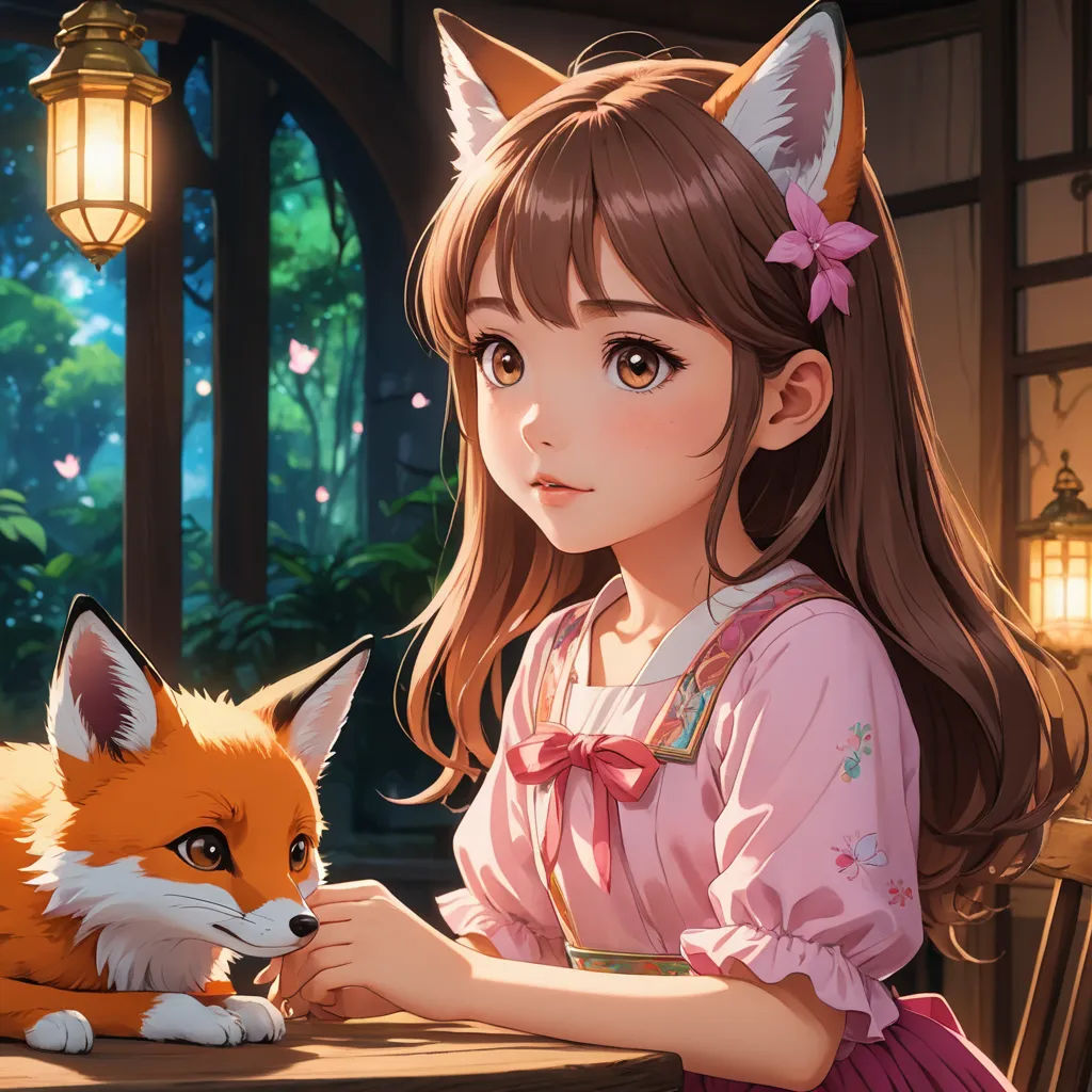a girl sitting at a table with a fox in front of her and a lantern in the background with a lantern on the wall, furry art, a detailed painting, Chen Hong, official art