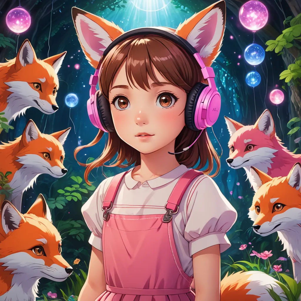 a girl with headphones standing in front of a group of foxes and other animals in a forest with bubbles, furry art, a character portrait, Artgerm, official art