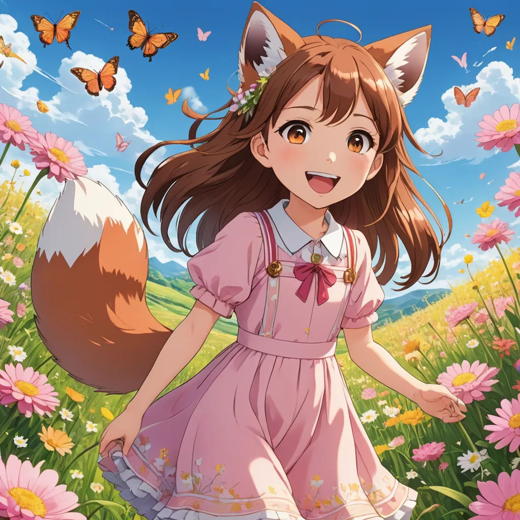 a girl in a pink dress walking through a field of flowers with a fox on her shoulder and a butterfly on her head, furry art, an album cover, Anne Said, official art