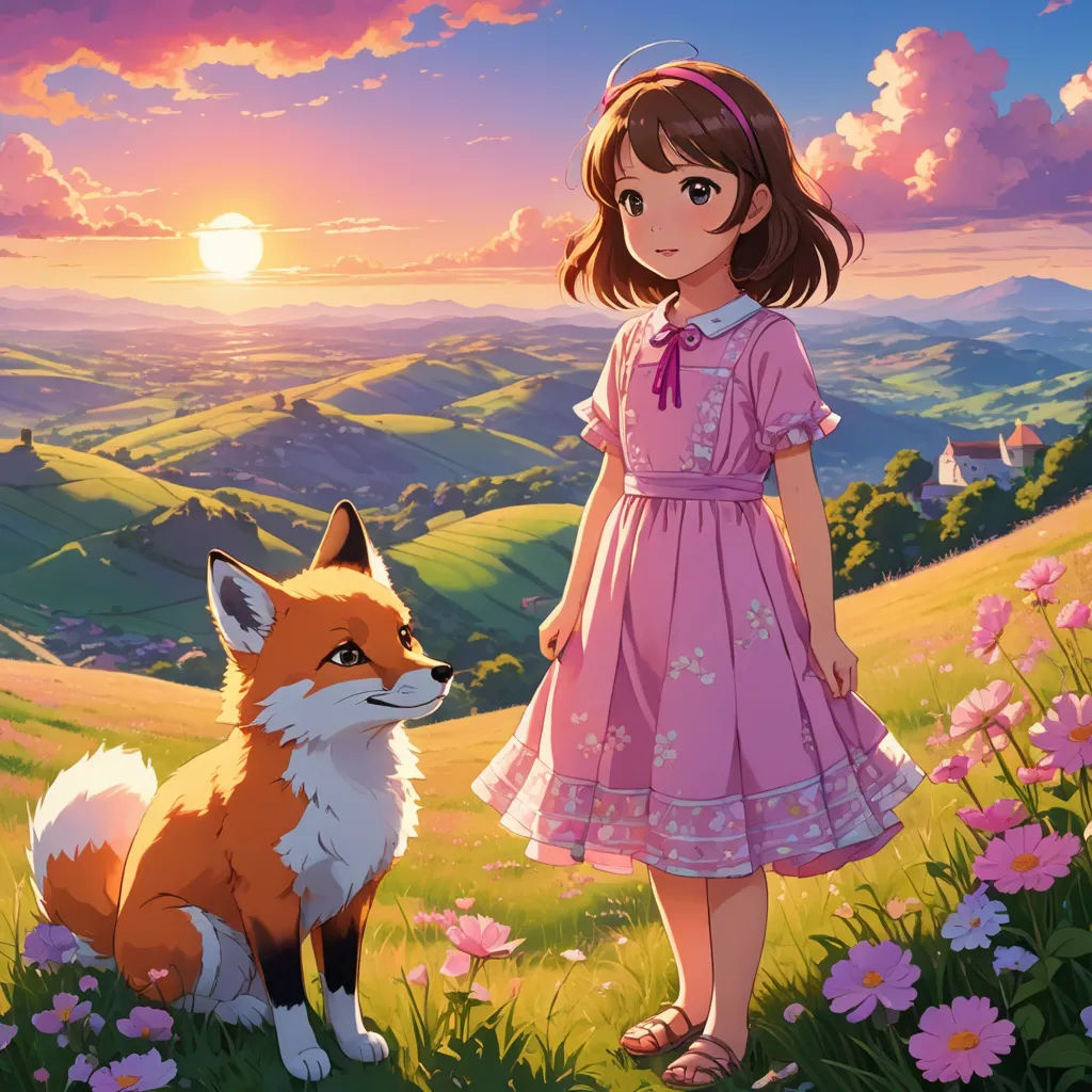 a girl in a pink dress standing next to a fox in a field of flowers at sunset with a sunset behind her, furry art, a painting, Bob Ross, official art