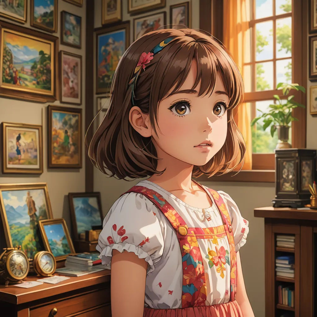 a girl in a room with a lot of pictures on the wall and a clock on the desk in front of her, classical realism, a painting, artist, official art