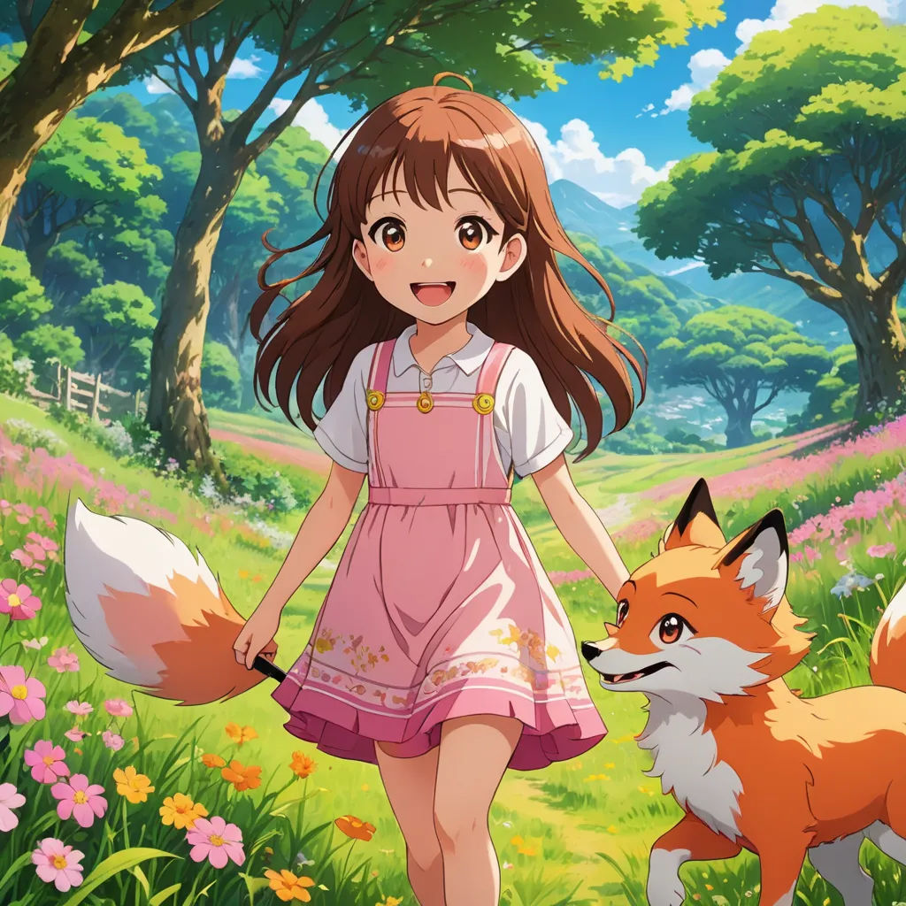 a girl in a pink dress walking with a fox in a field of flowers and trees in the background, color field, concept art, Anne Said, official art