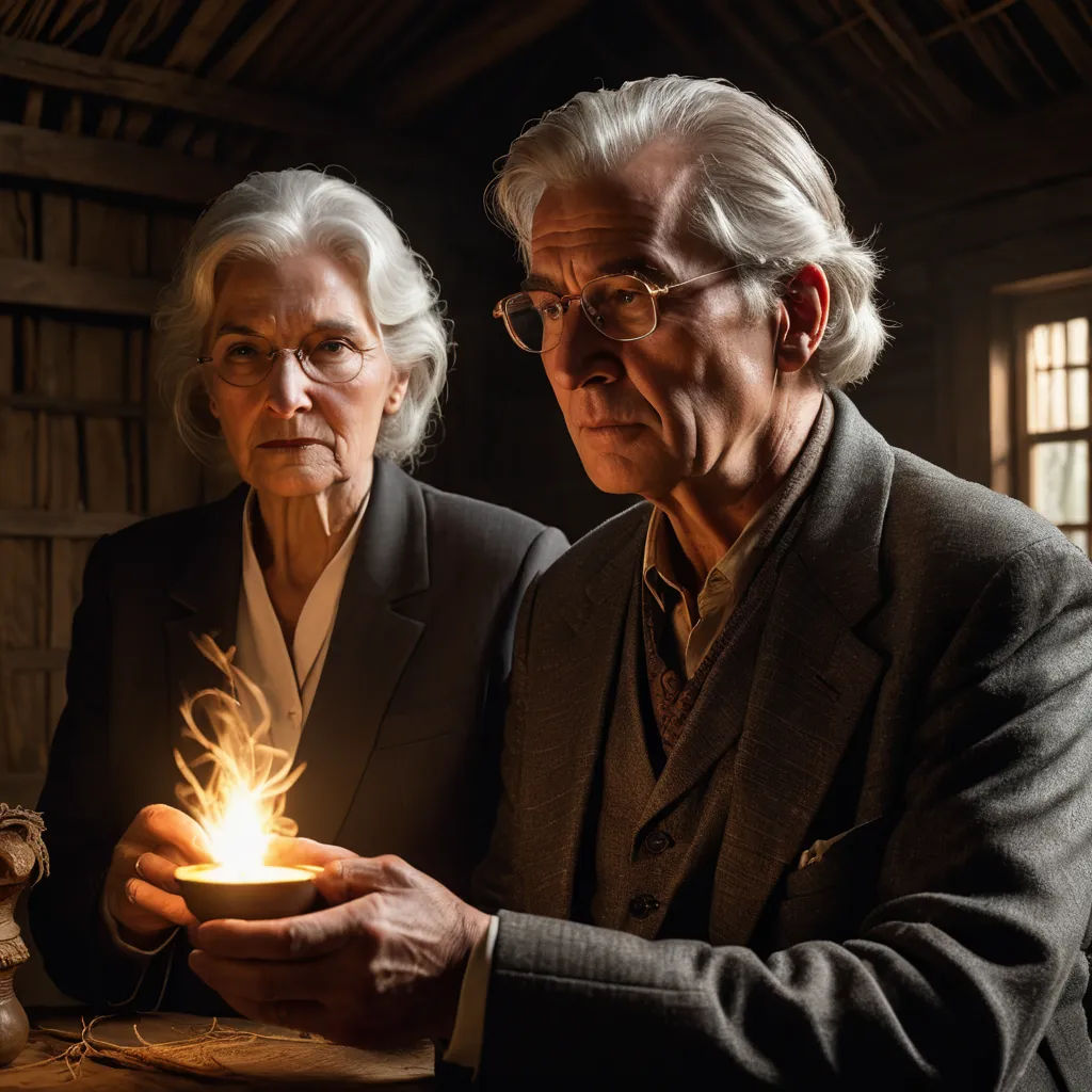a man and woman holding a lit candle in their hands in a dark room with a wooden ceiling and a wooden floor, arts and crafts movement, a still life, David Annand, promotional image