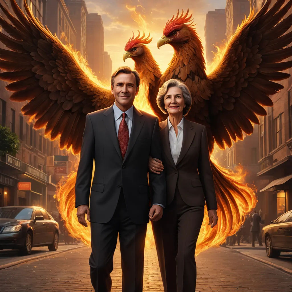 a man and woman are walking down a street with a bird on their back and a city in the background, symbolism, a poster, Chris LaBrooy, promotional image