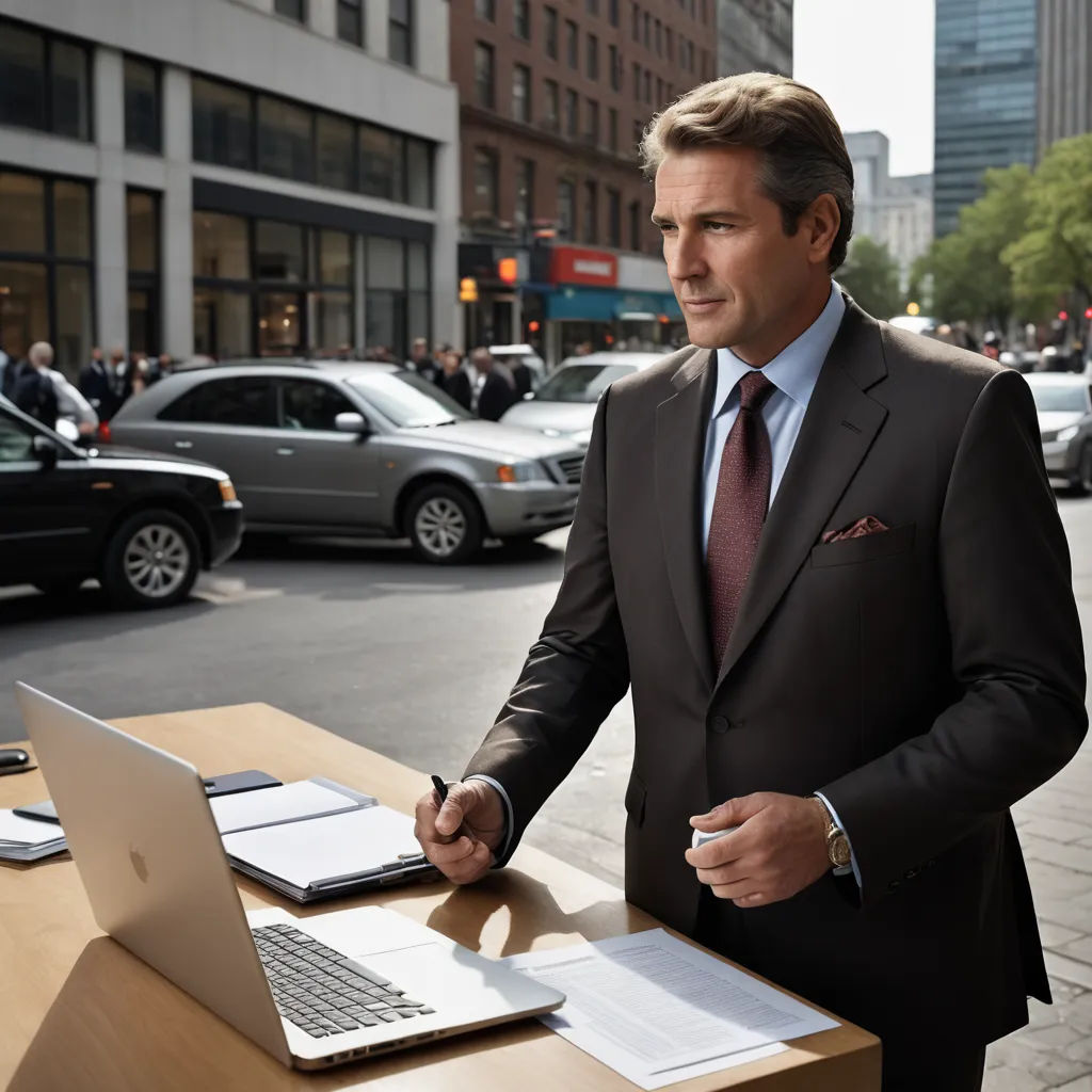 a man in a suit is standing at a table with a laptop and papers in front of him and a car parked on the street, private press, a stock photo, Daniel Schultz, vfx
