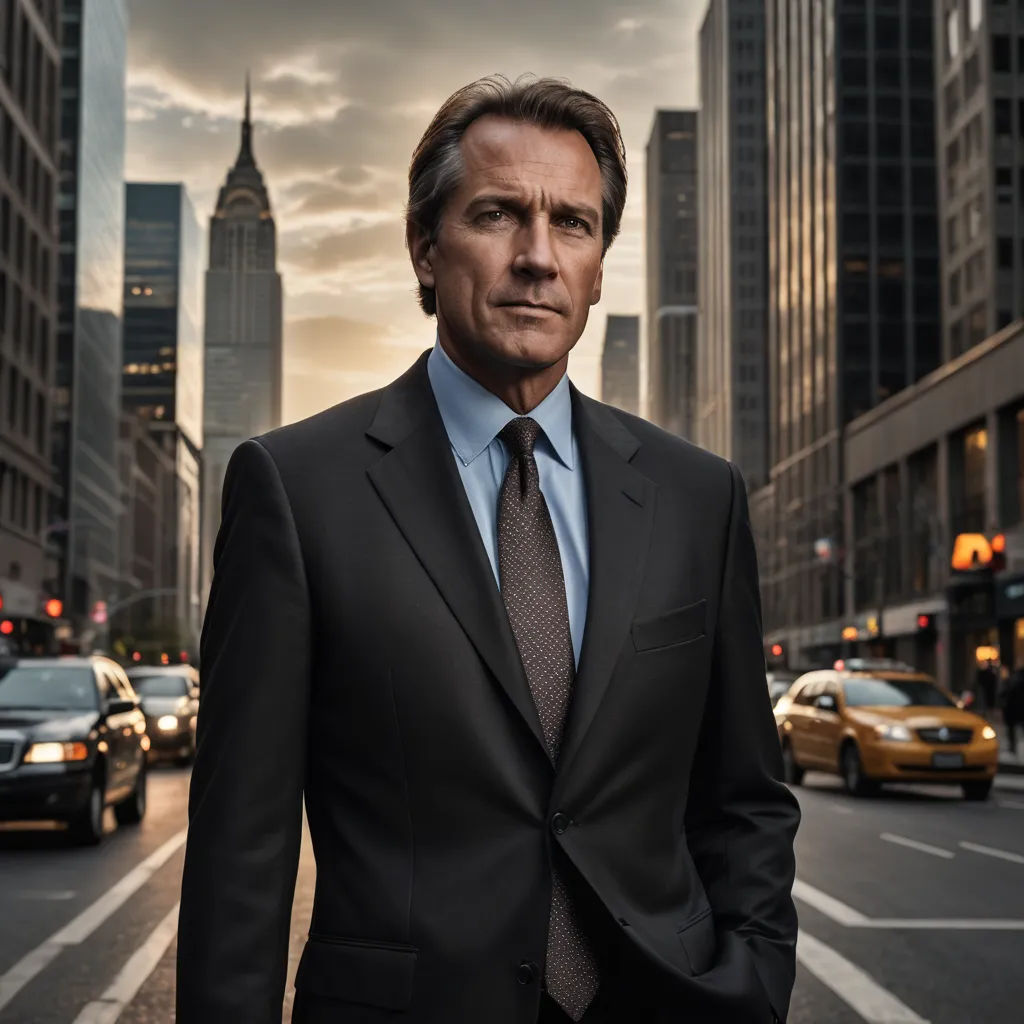 a man in a suit and tie standing in the middle of a street with cars and buildings in the background, new objectivity, a character portrait, Dan Scott, promotional image