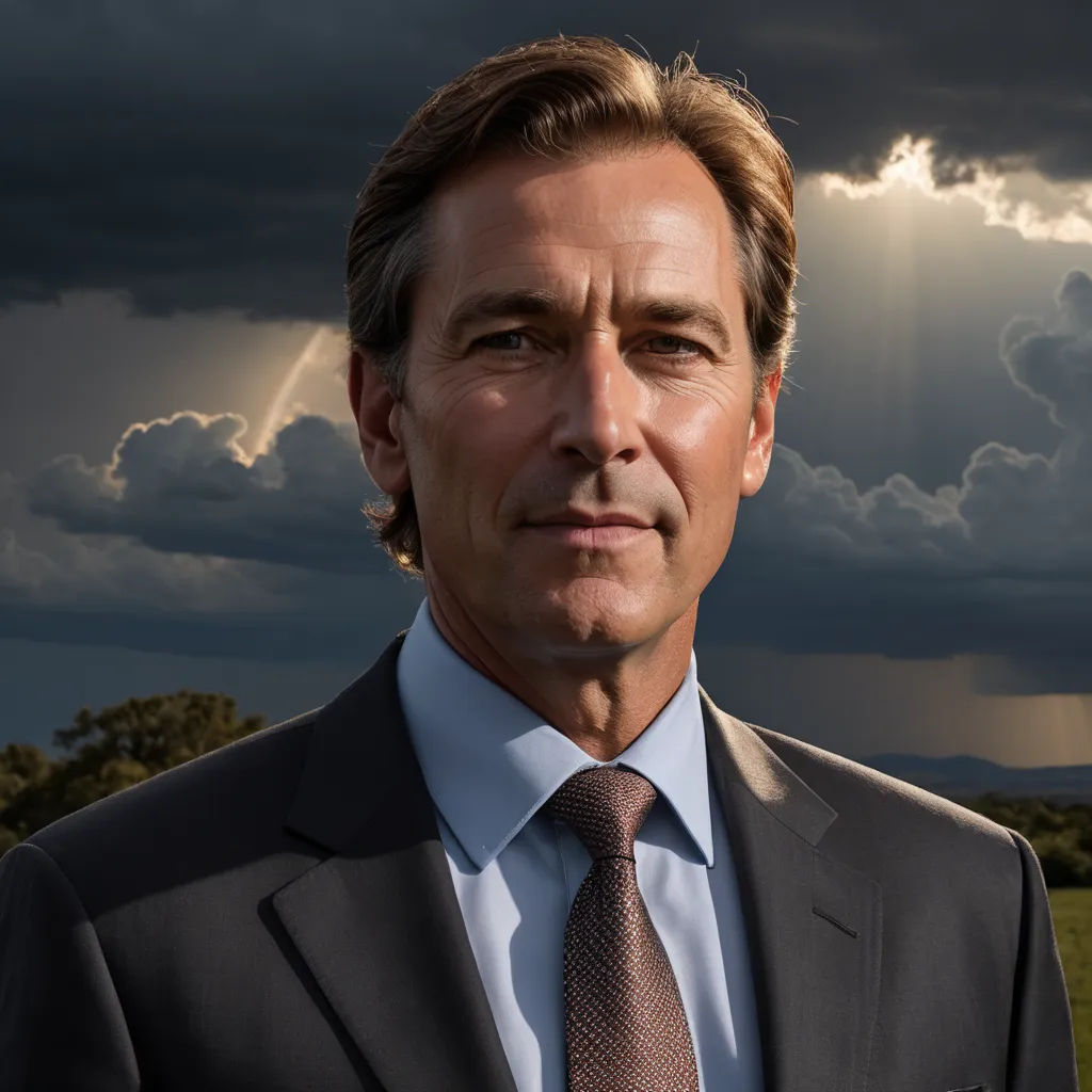 a man in a suit and tie standing in front of a cloudy sky with a sunbeam in the background, new objectivity, a character portrait, David Michie, peter konig