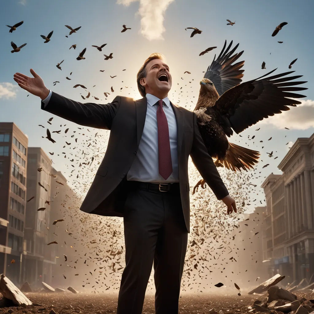 a man in a suit and tie with a bird on his shoulder and a city in the background with birds flying overhead, symbolism, a detailed matte painting, Chris LaBrooy, vfx